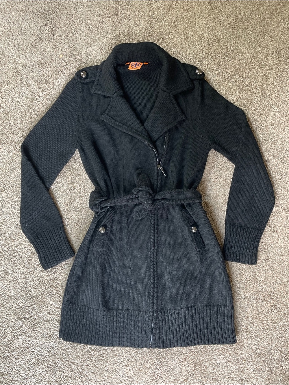 Tory Burch Merino Wool zip up Long Line Sweater sz Medium